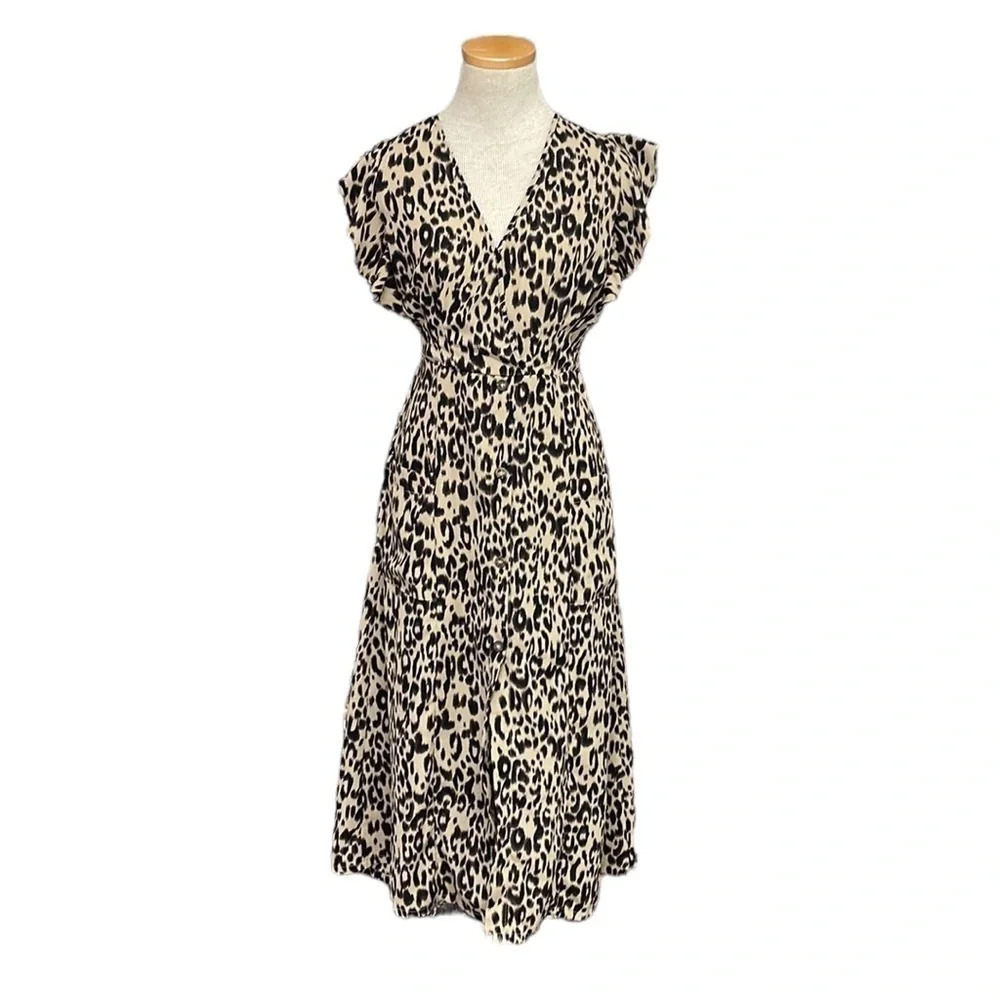Sienna Sky Leopard Print Midi Dress Fit & Flare V-Neck Brown Size Small S